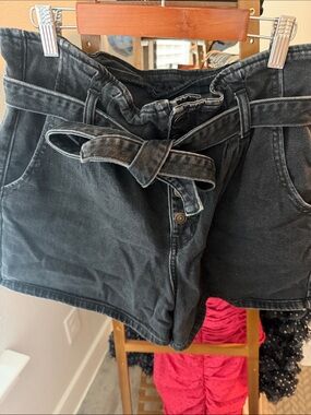 American Eagle High-Waist Black Paperbag Denim Shorts with Tie Belt